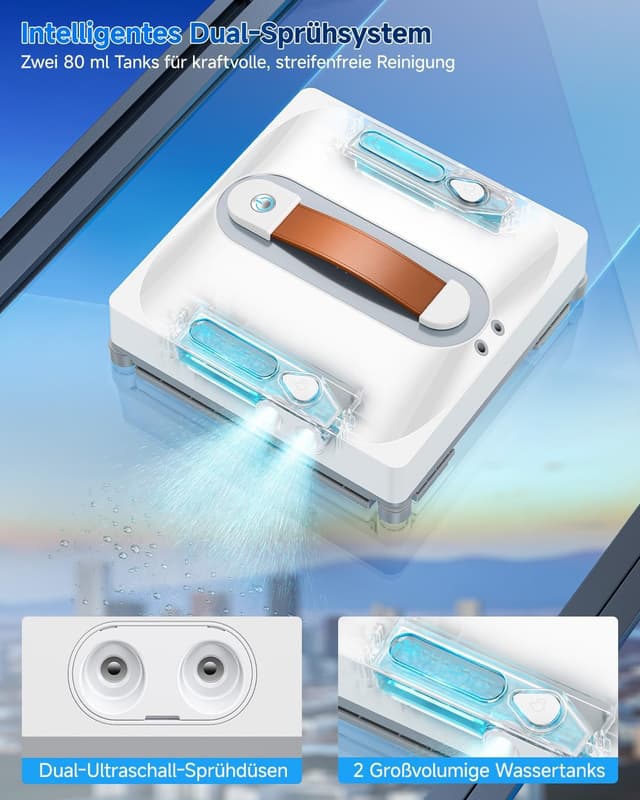 Detalle 2 de Fensterputzroboter 6500 Pa mit 2-Fach-Sprühsystem, KI-Routenplanung & Randerkennung für Innen- und Außenfenster