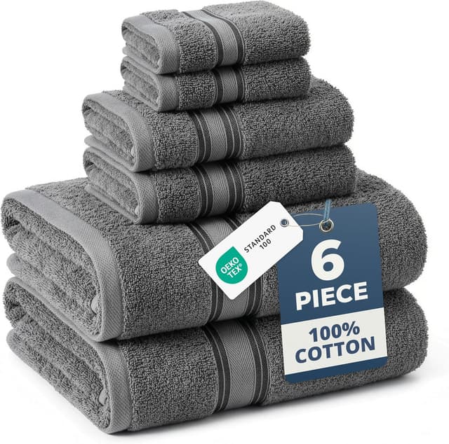 Detalle de LANE LINEN Luxury Bath Towels Set (6-Piece) in Cool Grey, 100% Cotton Zero-Twist