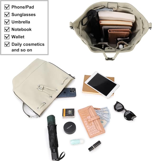 Detalle 2 de AFKOMST bucket bag for women with drawstring closure and two detachable shoulder straps