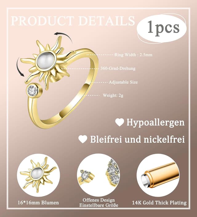 Detalle de Maynor Anxiety Ring für Damen – verstellbarer Zirkonia-Blumen & Sonnen Stressspinner-Ring