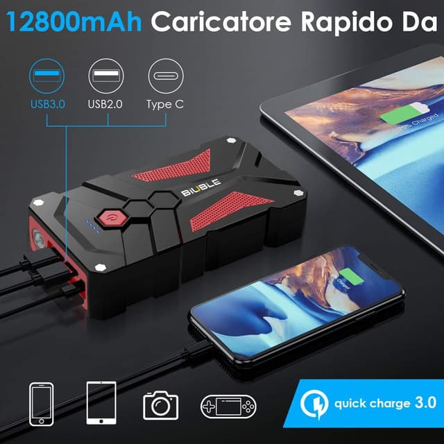 Detalle 2 de BIUBLE Avviatore Batteria Auto 3000A portatile 12V con torcia LED e power bank 12800 mAh