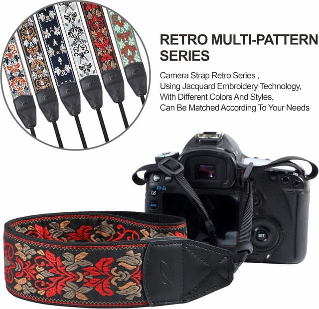 Detalle de Padwa Lifestyle Camera Strap – 2 inch wide cowhide ends, vintage jacquard embroidered strap for cameras & binoculars