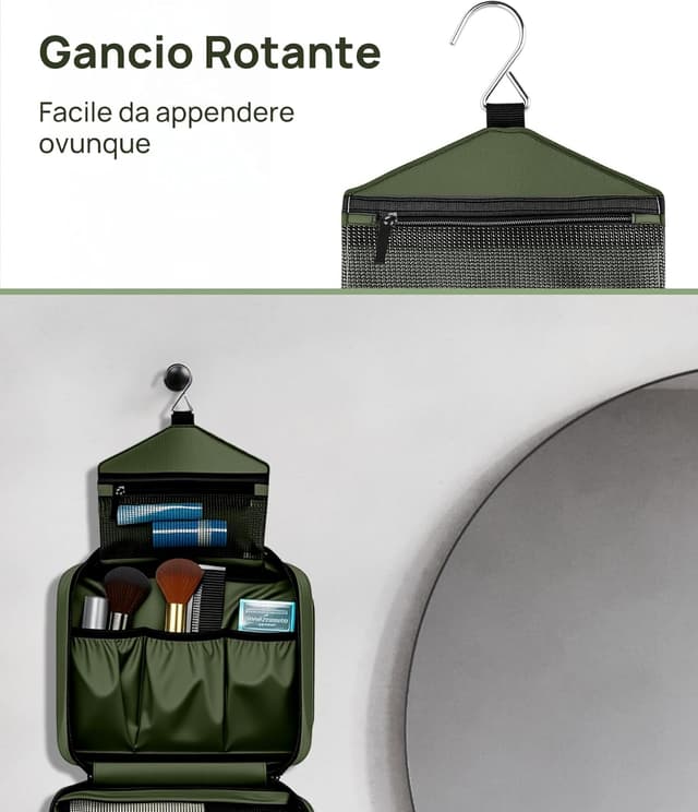 Detalle de Carttiya Beauty Case da Viaggio grande impermeabile verde con gancio in metallo