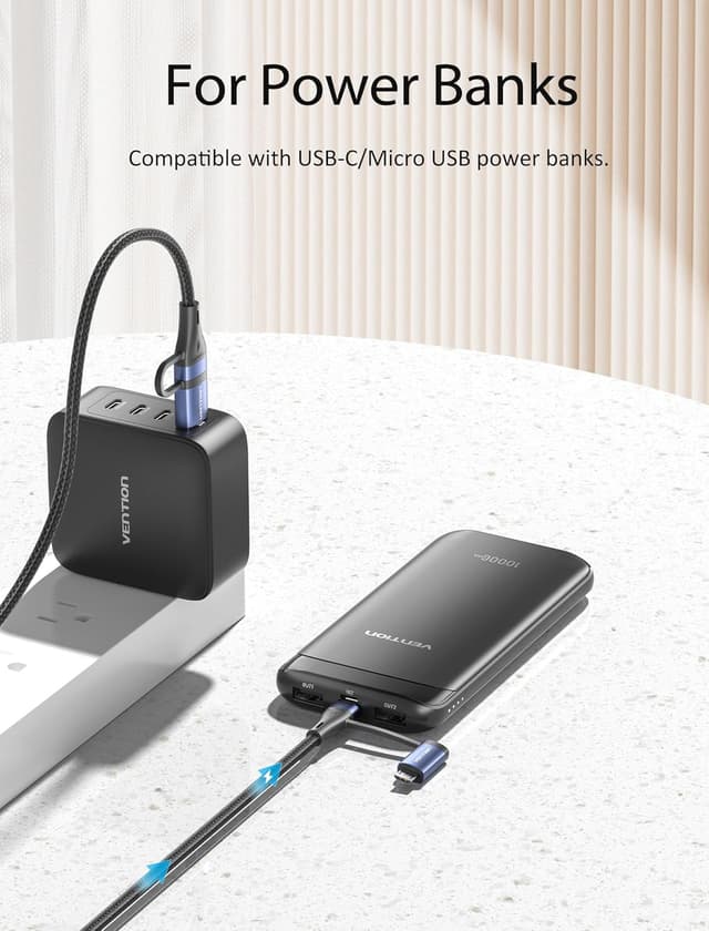 Thumbnail 6 de Vention Nylon Braided 4‑in‑1 USB A/C to Micro USB Cable (2m, up to 100W) for iPhone 15 Pro, MacBook Pro, iPad, Kindle, Xbox, Pixel & Switch