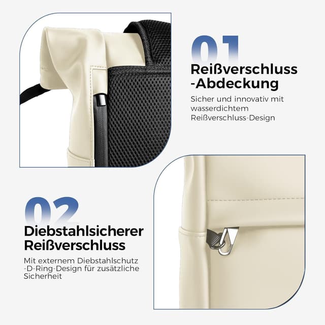 Detalle de Sylvanthos Wasserdicht Rucksack Rolltop mit Laptop-Fach bis 17 Zoll – erweiterbar 18–25L, mit Diebstahlschutz, weiß