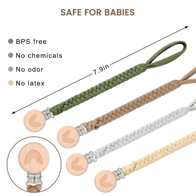 Detalle de CLDY Baby Schnullerkette Clip im 4er-Set – Schnullerband mit Clip für Kinderwagen, Babytrage & Autositz