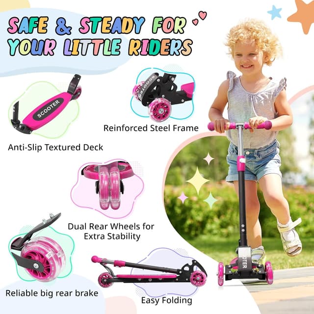 Detalle 2 de Kick Scooter for Kids Ages 3–7 (Three-Wheel Light-Up, Lean-to-Steer, Foldable, Dual Rear Wheels)