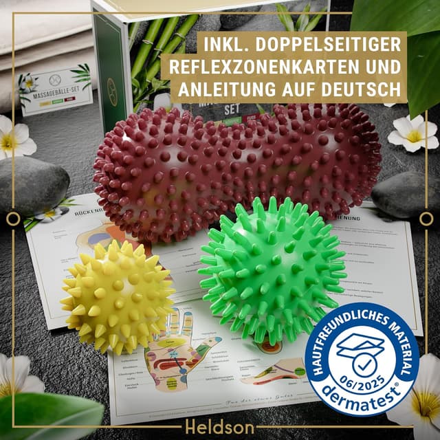Detalle de HELDSON® Premium Massageball 3er Set inkl. Peanut-Ball & Igelbälle für Fuß-, Hand- und Rückenmassage