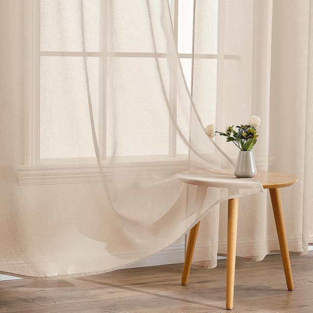Detalle de EMEMA 2er-Set Sheer-Voile-Gardinen mit Ösen, 140 x 225 cm (B x H) – transparent für Wohnzimmer & Schlafzimmer, Beige