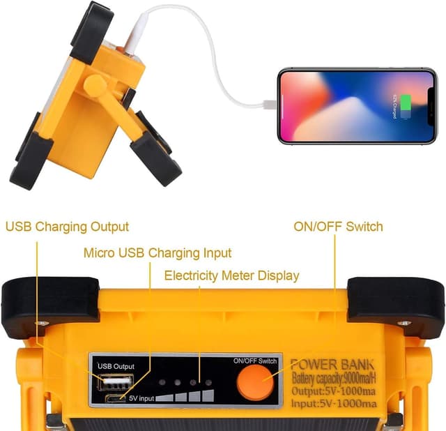 Detalle de T-SUN Faro luce LED portatile 60W con batteria ricaricabile e pannello USB/Sole, 4 modalità e base magnetica