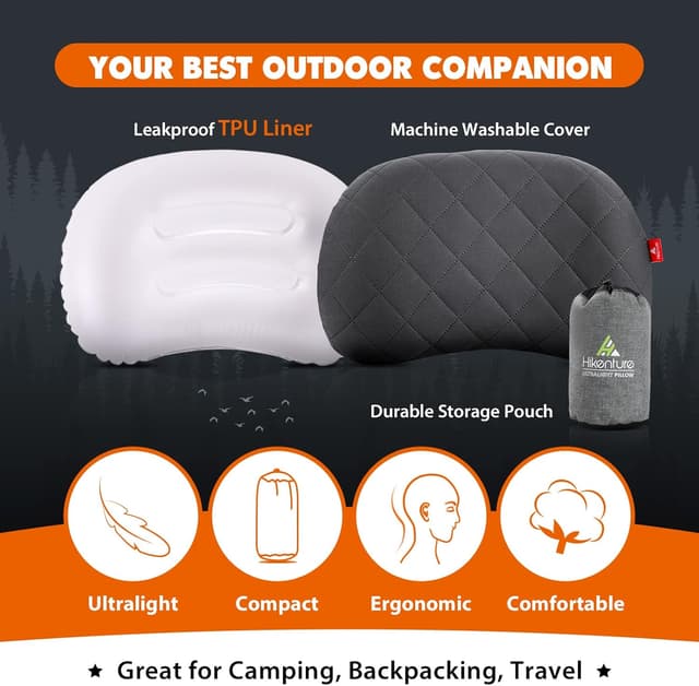 Detalle de HIKENTURE ultralight inflatable camping pillow for adults (grey) with removable cover