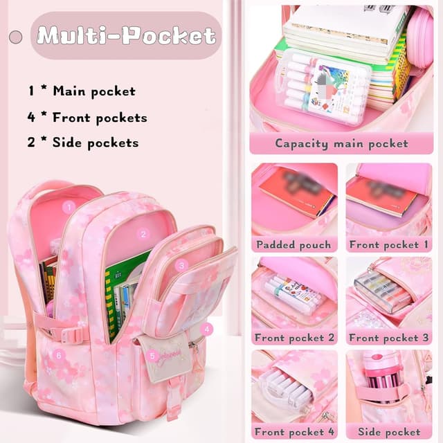 Detalle 2 de Bansusu Kawaii Girls Backpack for Kids (31 x 16 x 45cm) with chest strap, multi-pocket 22L capacity