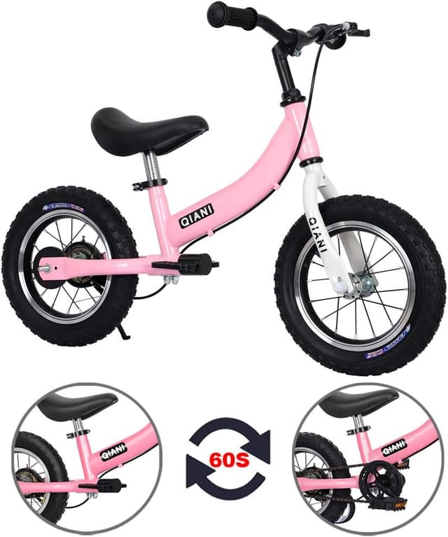 Detalle de Qiani bici senza pedali e 2 in 1 per bambini (ruote ausiliarie, freno e cavalletto) 12/14/16 pollici, rosso/blu/rosa