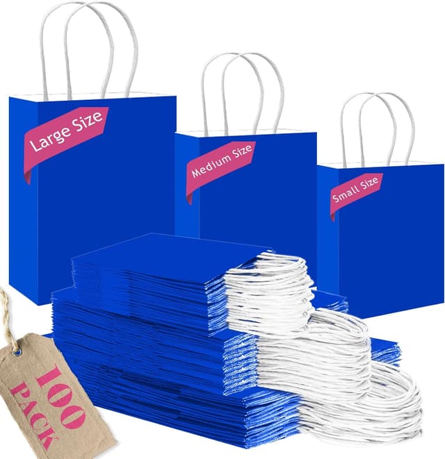 Detalle de Gcardist Diamond Blue paper gift bags with handles (bulk 100 pack, assorted S/M/L)