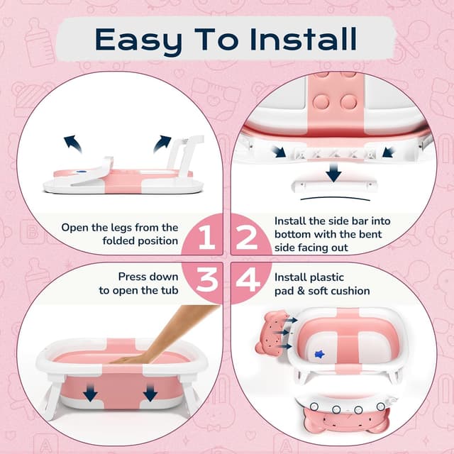 Detalle 2 de COOSEYA foldable baby bath tub with soft cushion (0–18 months), portable space-saving travel option – Pink