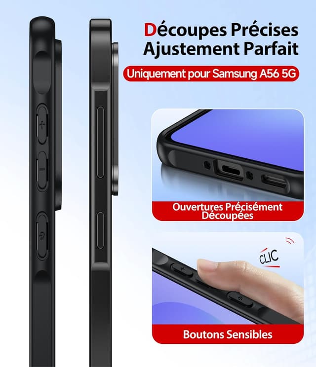 Thumbnail 6 de LeYi Coque pour Samsung Galaxy A56 / A56 5G avec 2 verres trempés 9H, protection caméra et écran, TPU/PC finition mate anti-traces – Noir