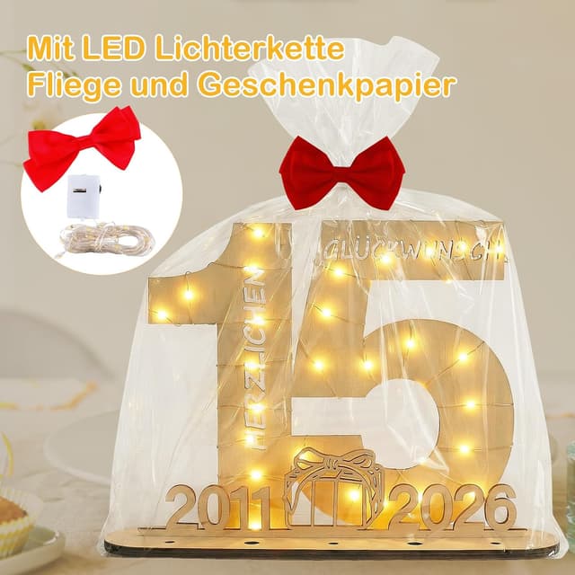 Detalle 2 de Seutgjie Deko zum 15. Geburtstag: LED-Lichterkette Geldgeschenk mit Fliege, Holzschild & Geschenkpapier (29 x 21 cm)