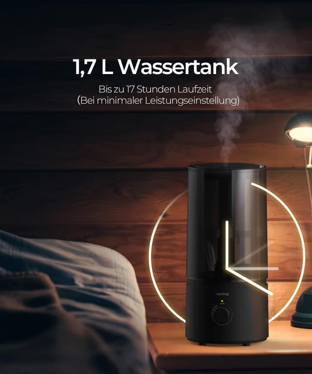 Detalle de raydrop Ultraschall-Luftbefeuchter fürs Schlafzimmer (1,7 L) – leise & platzsparend, mit automatischer Abschaltung, schwarz