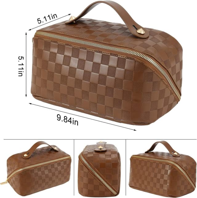 Detalle de Hurluksi PU Travel Makeup Bag with Dividers and Handle (Brown) – Large Capacity Cosmetic Case