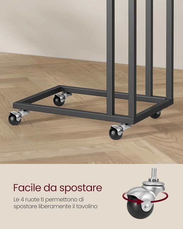 Detalle de VASAGLE LNT050B56 tavolino da letto con ruote e 4 piedi regolabili, comodino mobile nero ebano