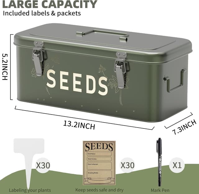 Detalle de Orionstar Seed Storage Organiser: metal seed saving box with lid, 4 compartments & storage set