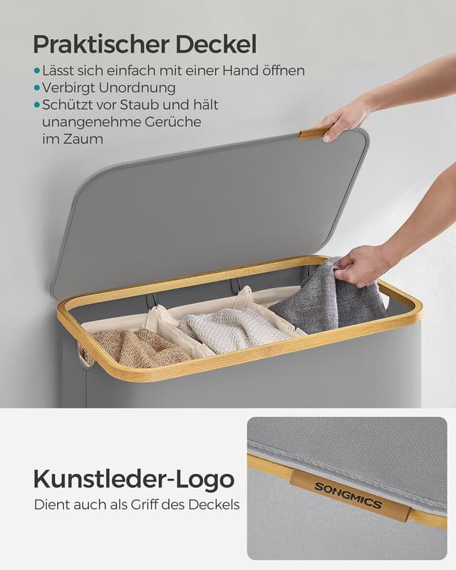 Detalle 2 de SONGMICS Wäschekorb 3 Fächer mit Deckel 150 L