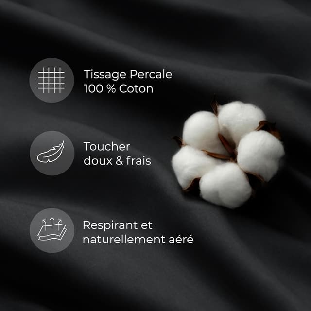 Detalle de Dreamzie Housse de couette 200x240 réversible en coton noir (parure 3 pièces, Oeko-Tex)