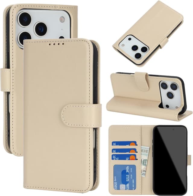 Detalle de Zouzt iPhone 17 Pro Wallet Case with Kickstand, Card Slots & Magnetic Closure (Beige)