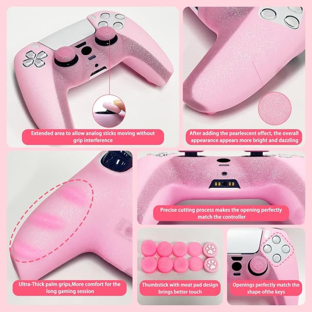 Detalle de Pink glitter anti-slip silicone grips cover set for PS5 (Slim/Pro) – HLRAO, 8 thumb grips caps + protective skin cover