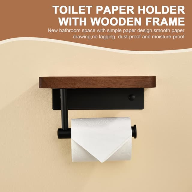 Detalle 2 de QICAIFACAI Wall Mounted Toilet Roll Holder with Natural Solid Walnut Shelf – Self-Adhesive or Drilled Installation