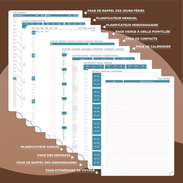 Detalle de IN-LUXPRO Agenda 2026 semainier et carnet de notes A5 moyen (21,9 x 16,4 cm) en spirale, marron