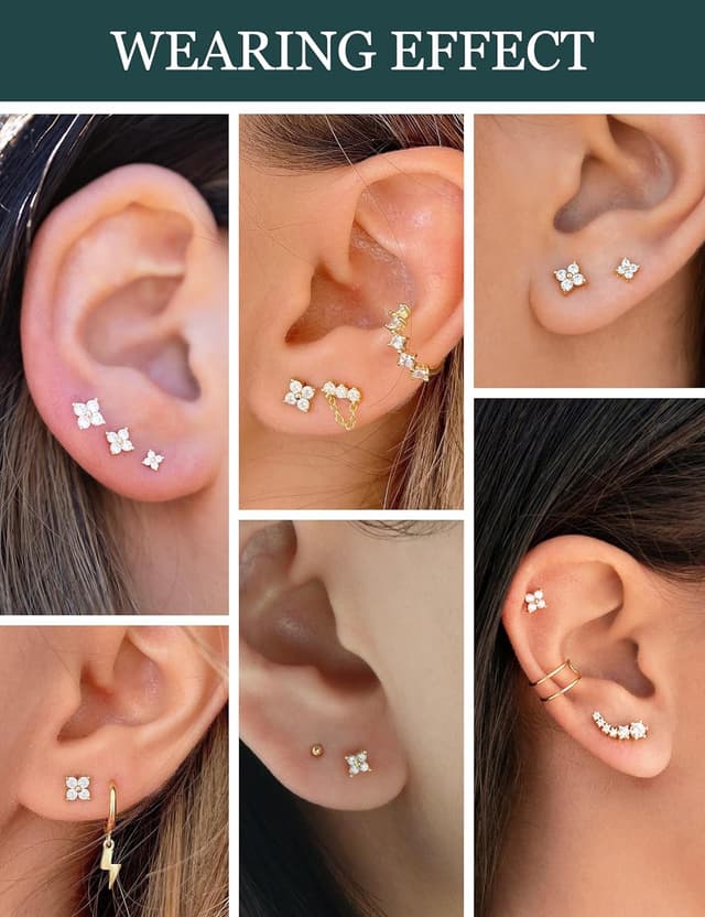 Detalle de FUNEIA 3 Paar Ohrstecker Gold-Set (14K vergoldet) mit 925er Silber, wasserfest, hypoallergen