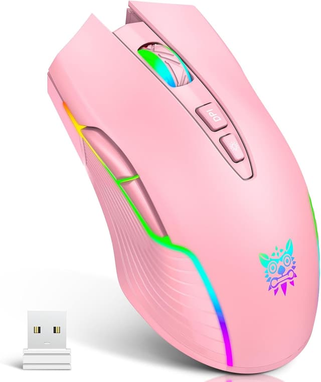 Detalle de ONITOON Wireless Gaming Mouse in Pink (2.4G) with RGB, 5 DPI levels and USB-C recharge