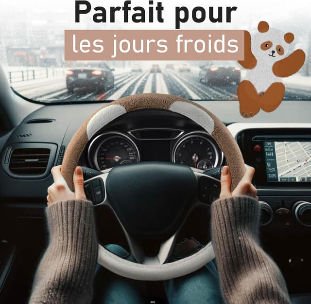 Detalle de Upgrade4cars couvre-volant en peluche marron et blanc (taille universelle 37-39 cm)