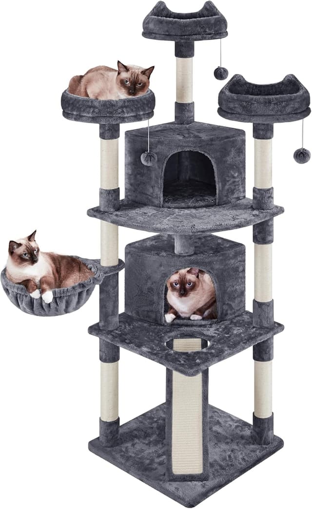 Detalle de Yaheetech Kratzbaum 193 cm XXL deckenhoch mit 8 Sisalstämmen, 2 Katzenhöhlen & 3 Aussichtplattformen (dunkelgrau)