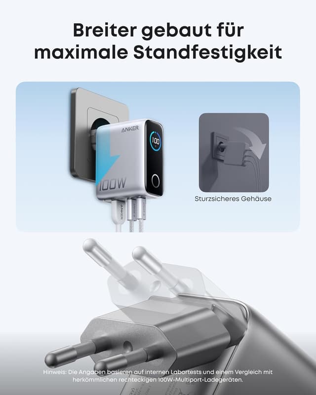 Detalle 1 de Anker 100W USB-C Ladegerät (3 Ports, GaN, Smart Display) – kompaktes GaN-Wandladegerät für MacBook, iPad & iPhone