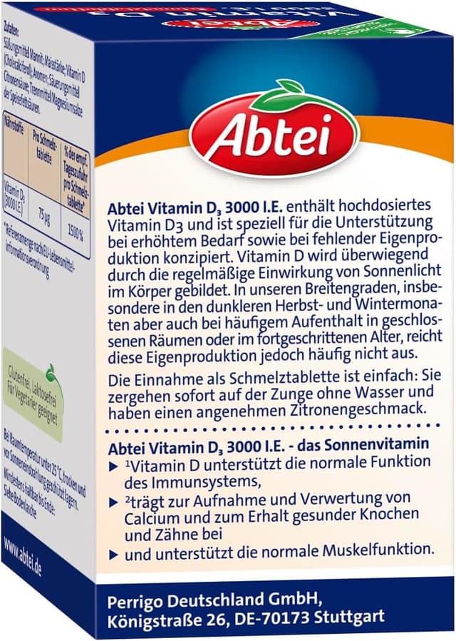 Thumbnail 4 de Abtei Vitamin D3 3000 I.E. Schmelztabletten (75 Stück) – unterstützt Immunsystem und Knochen