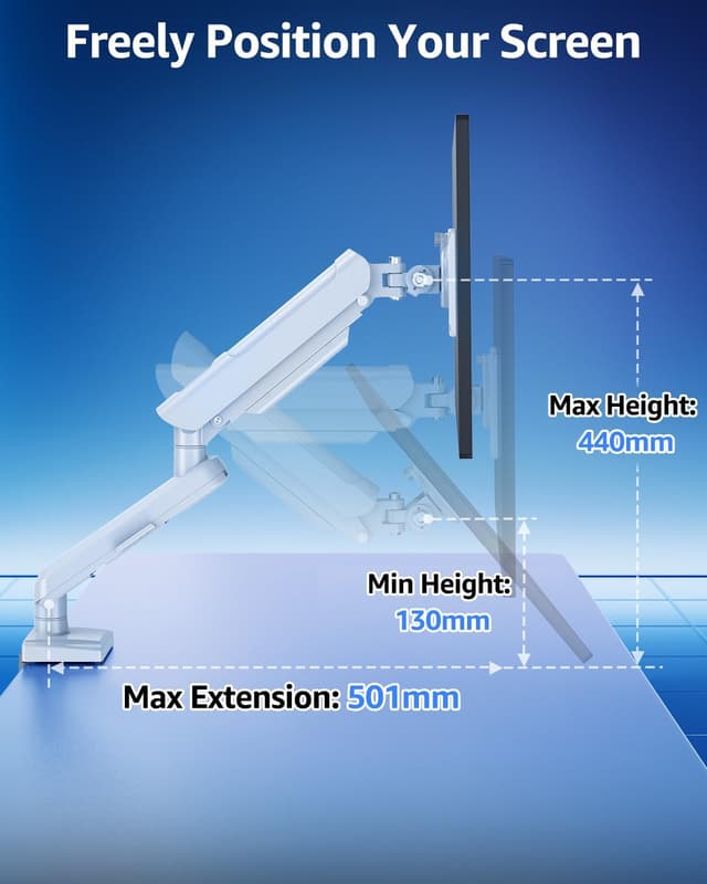 Detalle de ELIVED Freelift Pro Single Arm Monitor Desk Mount (VESA 75/100, 13–32 inch, 2–9kg) in white