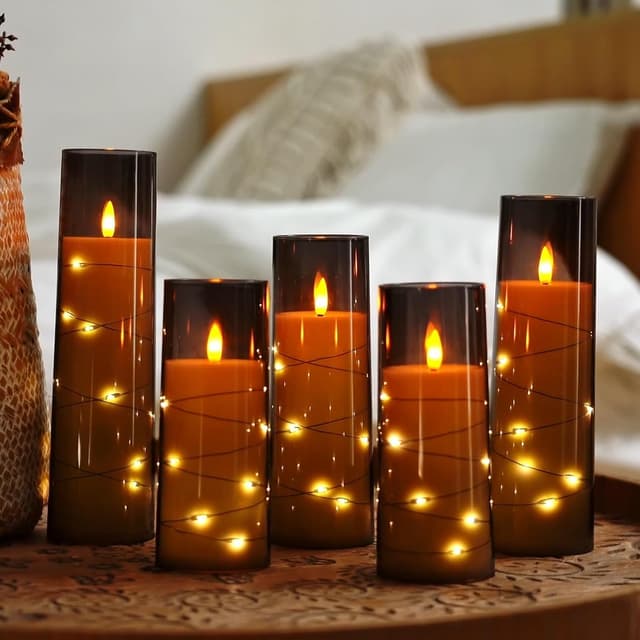Thumbnail 6 de Homemory Flickering Flameless Candles with String Lights (Set of 5) with Remote & Timer, Grey acrylic