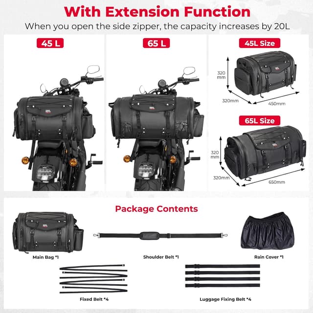 Detalle de KEMIMOTO Borsa Posteriore Moto espandibile 45–65L impermeabile con copertura antipioggia, nera