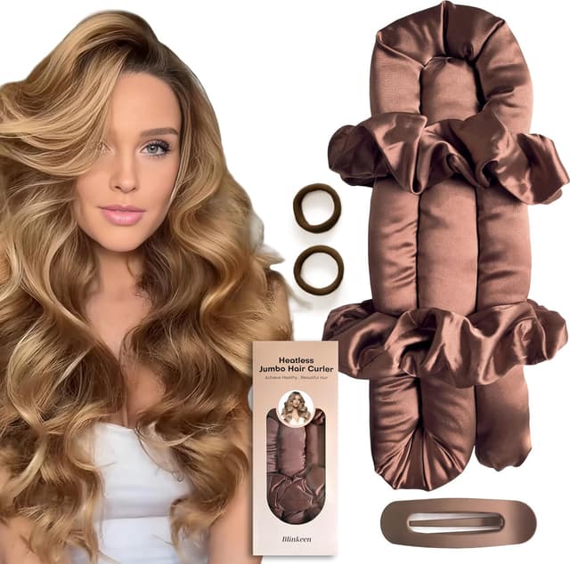 Detalle de BLINKEEN Jumbo Heatless Hair Curler Set (Satin Overnight Curls) — Jumbo Heatless Curl Headband, Brown