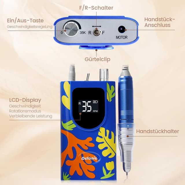 Detalle 2 de Delanie Professioneller Nagelfräser (35000 U/min) – wiederaufladbar mit 6 Bits, LCD und variabler Drehzahl, blau im „Matisse“-Stil
