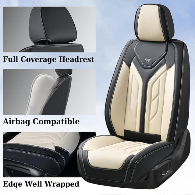 Detalle de Coverado Coverado Seat Covers Full Set (Leather Look) for Most Sedans, SUVs, Trucks—Black & Beige