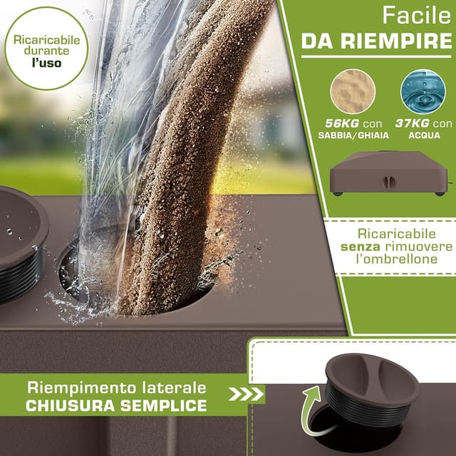Detalle de tillvex Base per ombrellone GRAVIA con ruote e freni, zavorra riempibile 37L/56kg (marrone), per pali Ø 1,8–3,7 m