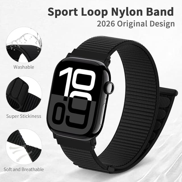 Detalle 2 de DigiHero Nylon Sport Loop strap for Apple Watch (Black) — compatible 46/44/45/49mm