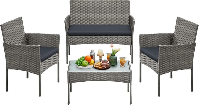 Detalle de SONGMICS Gartenmöbel-Set 4-teilig (Gartenmöbel aus PE-Polyrattan) mit Tisch, 2 Stühlen und 2-Sitzer-Bank – grau GGF004TZ01