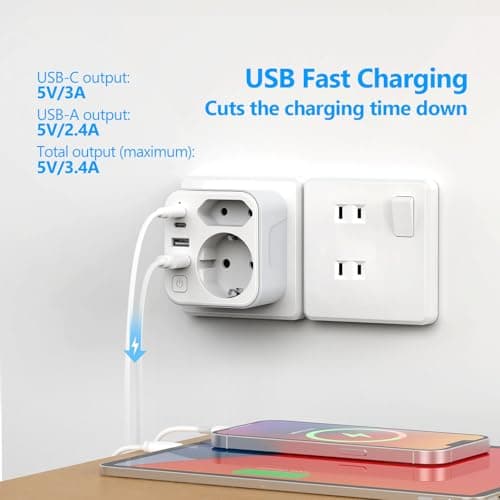 Detalle de JSVER Adaptador de viaje para Japón con 4 puertos USB (2x USB-A y 2x USB-C) y enchufe tipo A bidireccional