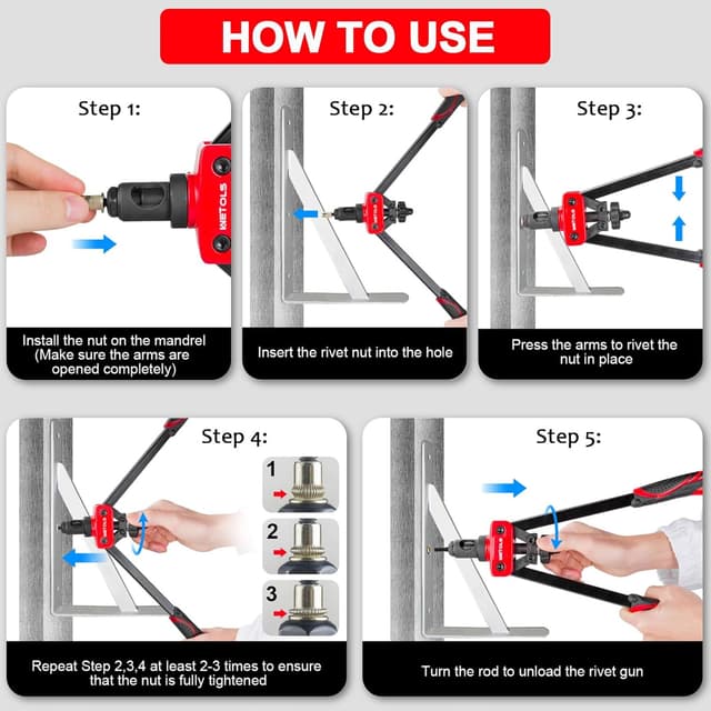 Detalle de WETOLS Rivet Nut Tool Kit (14-Inch) with 7 Metric & SAE Mandrels, 70-Piece Rivnut Assortment