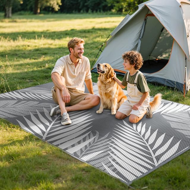 Detalle de GENIMO Outdoor Rug 120x180cm – Waterproof Reversible Garden Carpet (Grey & White)