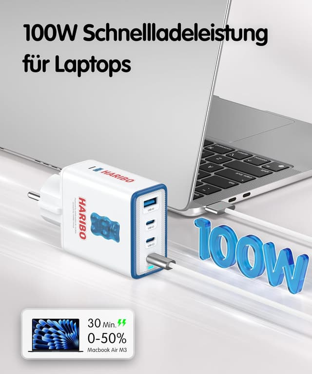 Detalle de HARIBO 100W USB-C Ladegerät 4-Port Netzteil (3× USB-C + 1× USB-A) mit PD/PPS, Blau